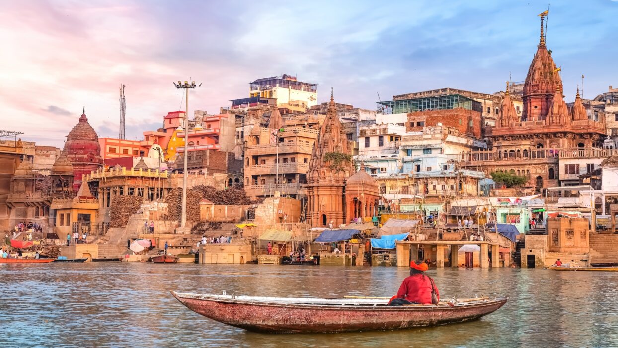 ancient, Varanasi city, architecture, sunset with view of sadhu